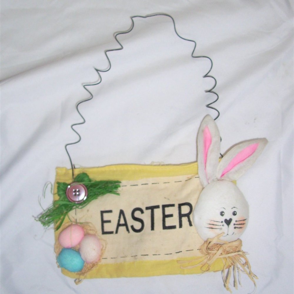 handmade yellow Easter sign with bunny eggs metal twist hanger 11" T X 8" W